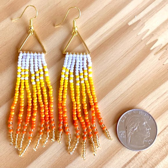 Gradient Colors Gold Triangle Body Hand Beaded Seed Bead Tassel Dangle Earrings - Picture 3 of 15